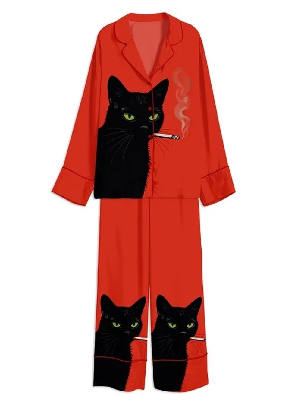 Tokyo Mood Women's Silk Blend Pajama Set Size Medium Cat Cigarette Sleepwear